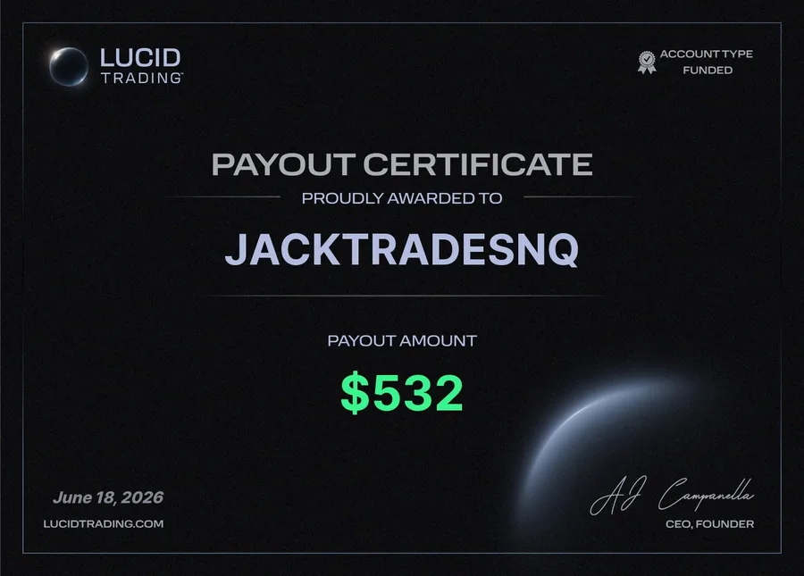 Lucid Trading payout certificate, June 18, 2026: $532